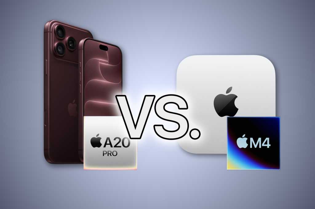 Đồ họa của Macworld đặt iPhone 18 Pro cạnh Mac mini M4 cùng chip A20 Pro và M4.