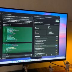 Màn hình máy tính hiển thị trình soạn mã bên cạnh dashboard theo dõi công việc biên tập.