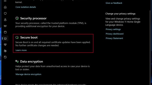 Màn hình Windows Security hiển thị Secure Boot đang bật và thông báo cập nhật chứng chỉ hoàn tất
