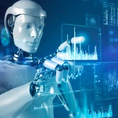 Robot hình người đứng trước màn hình hiển thị chuỗi dữ liệu số