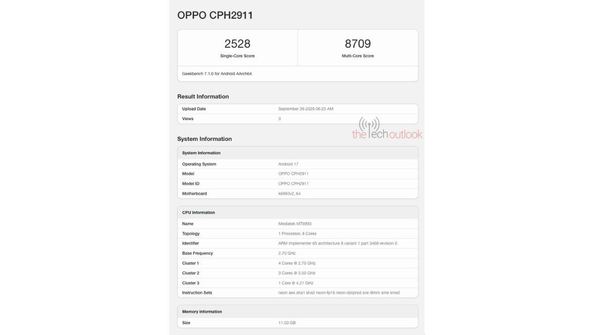 Ảnh chụp kết quả Geekbench 7.1.0 của Oppo Find X10 bản quốc tế CPH2911