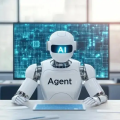 Robot tác nhân AI ngồi làm việc trước màn hình máy tính hiển thị mạch dữ liệu