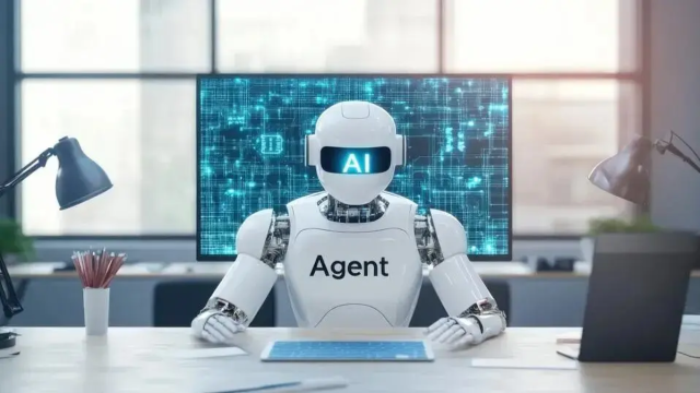 Robot tác nhân AI ngồi làm việc trước màn hình máy tính hiển thị mạch dữ liệu