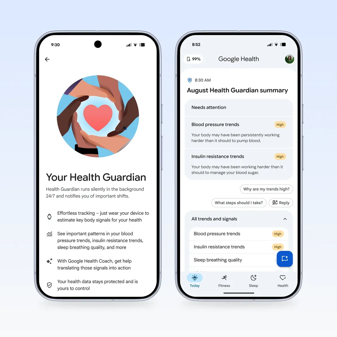 Màn hình Google Health hiển thị báo cáo Health Guardian và hai xu hướng sức khỏe
