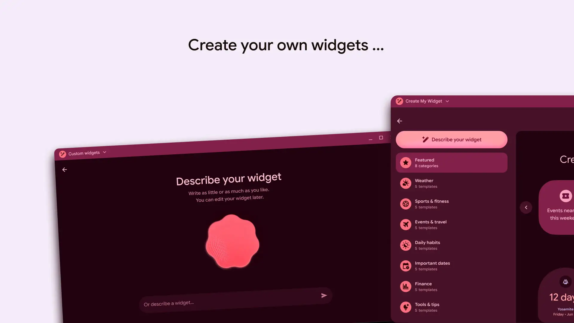 Danh sách chủ đề widget trong ứng dụng Create My Widget trên Googlebook OS