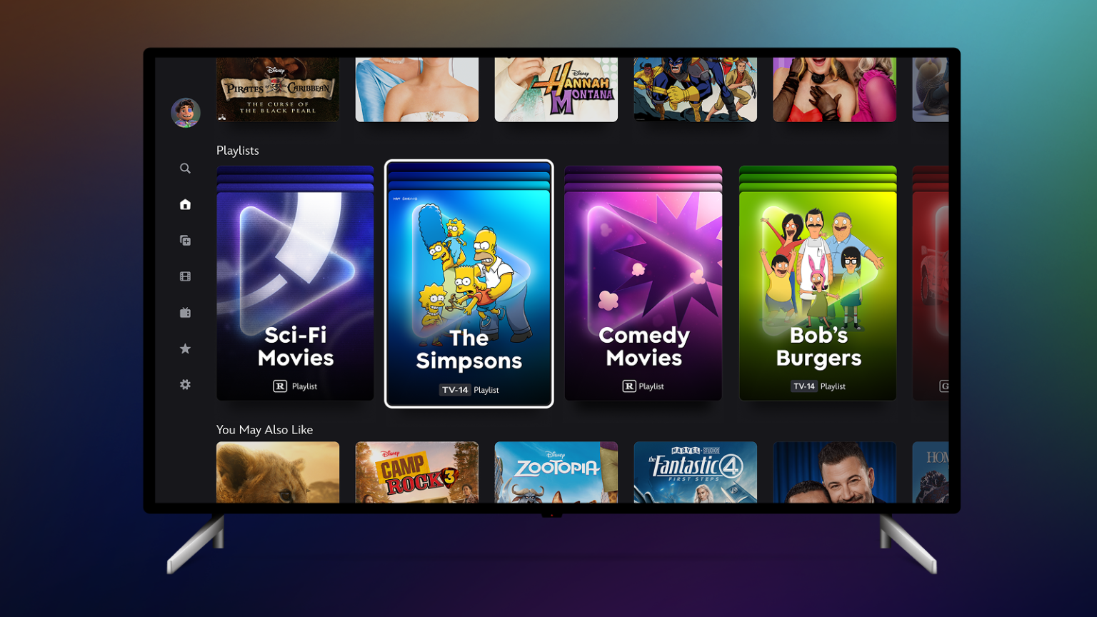 Màn hình TV hiển thị danh sách phát Disney Plus Playlists