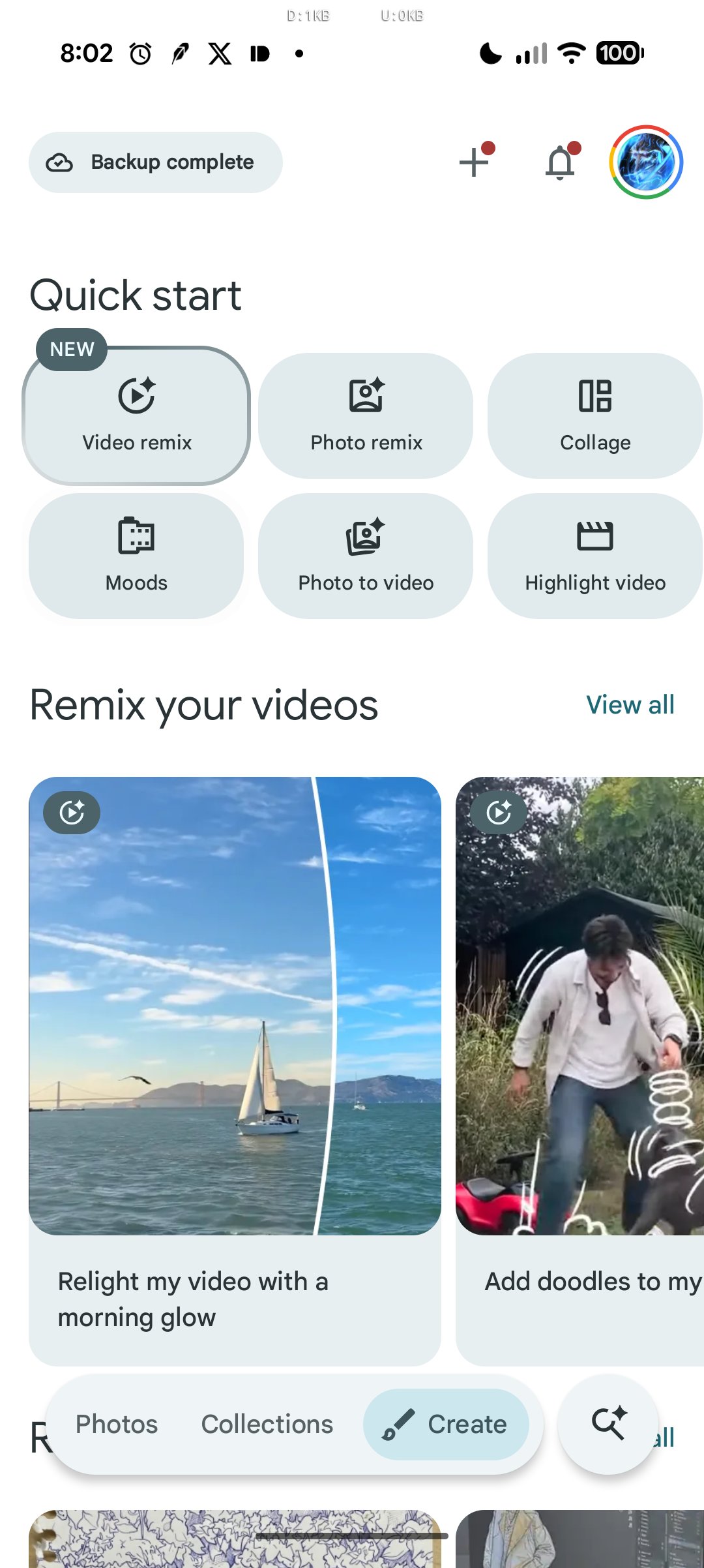 Ảnh chụp giao diện tab Tạo của Google Photos với các công cụ chỉnh sửa