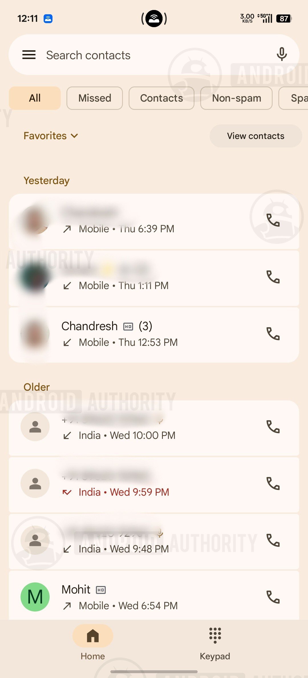 Ảnh chụp màn hình ứng dụng Phone by Google hiện tại chỉ hiển thị hai mục Home và Keypad ở thanh điều hướng đáy