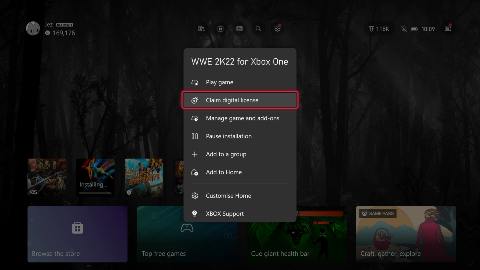 Tùy chọn Claim Digital License trên giao diện Xbox