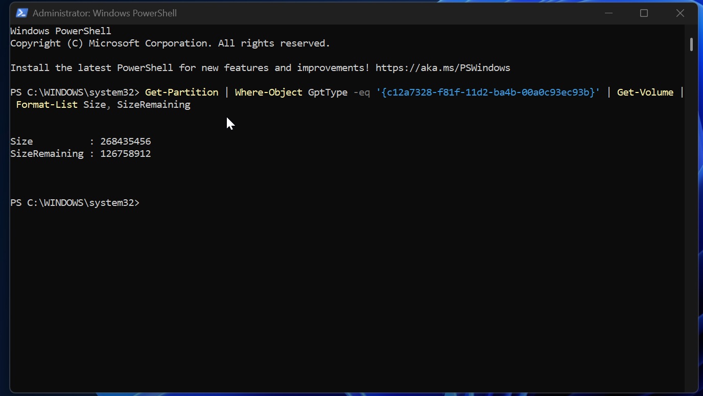 Lệnh PowerShell kiểm tra dung lượng còn trống của phân vùng hệ thống EFI trên Windows