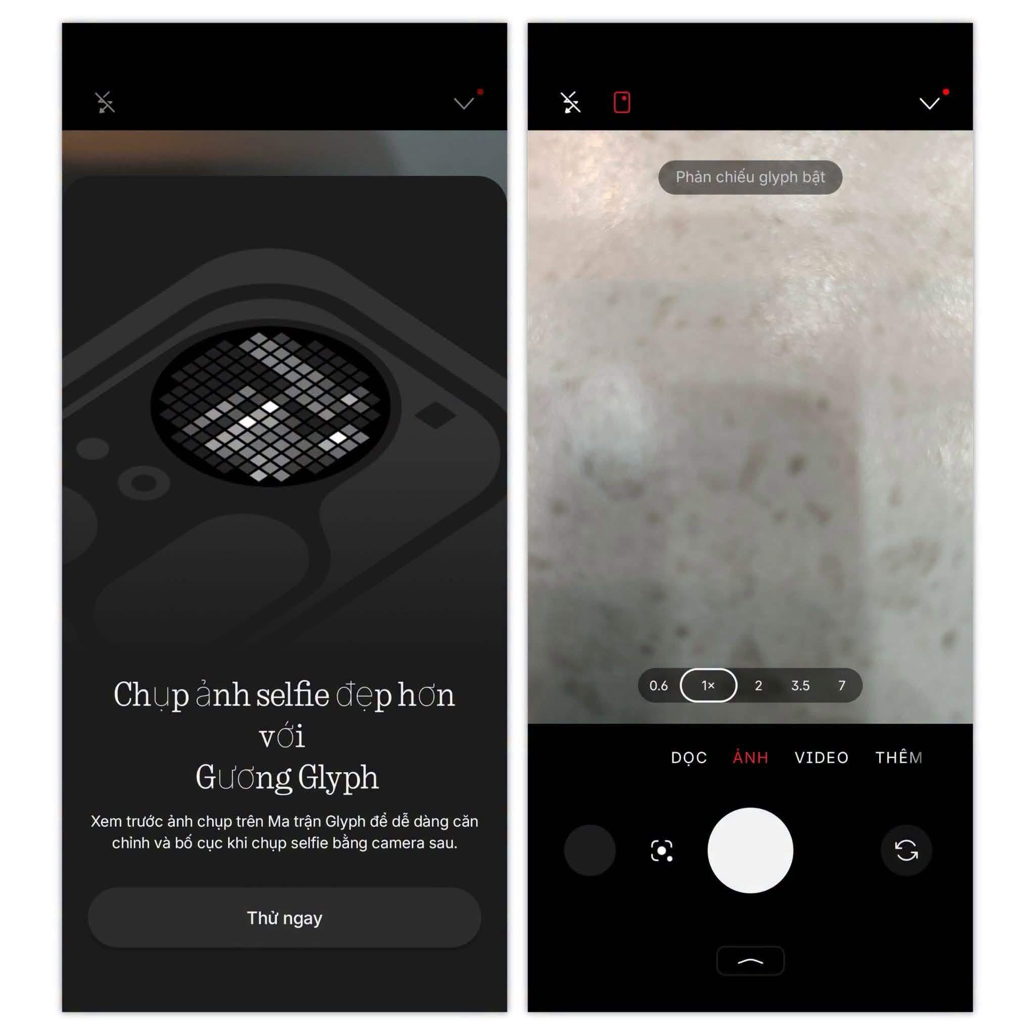 Giao diện tính năng Gương Glyph chụp selfie camera sau
