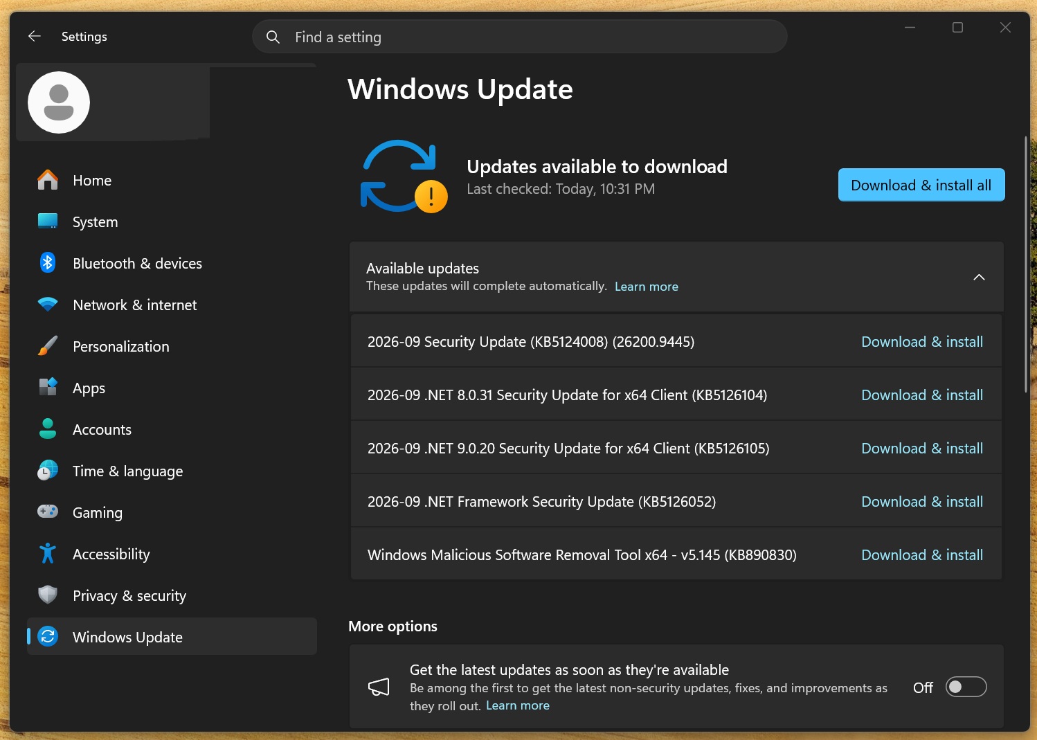 Windows 11 Security Update KB5124008 Build 26200.9445
