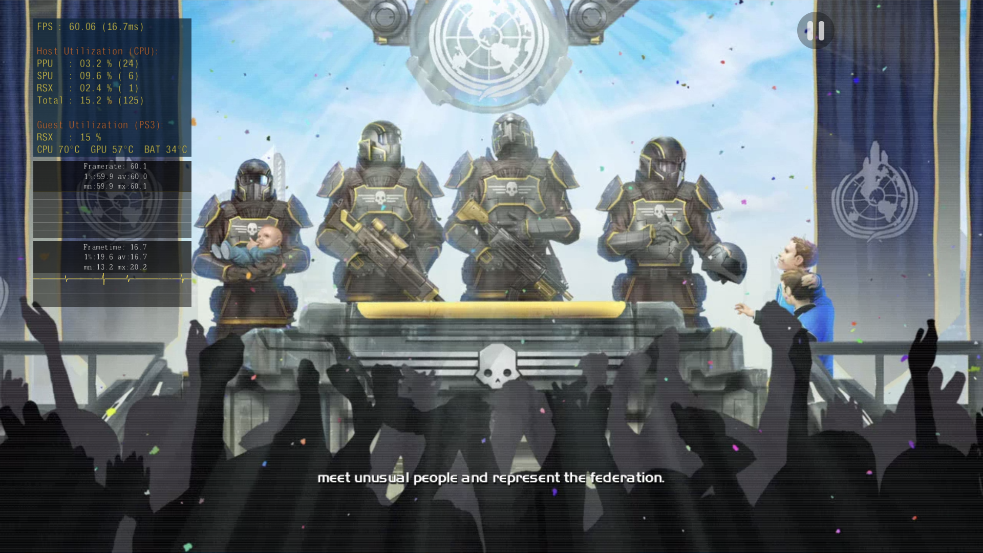 Cảnh Helldivers với thông số hiệu năng khoảng 60 FPS trên ARMSX3