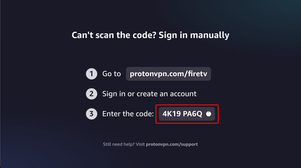 Màn hình hiển thị mã ghép nối xác thực Proton VPN trên TV