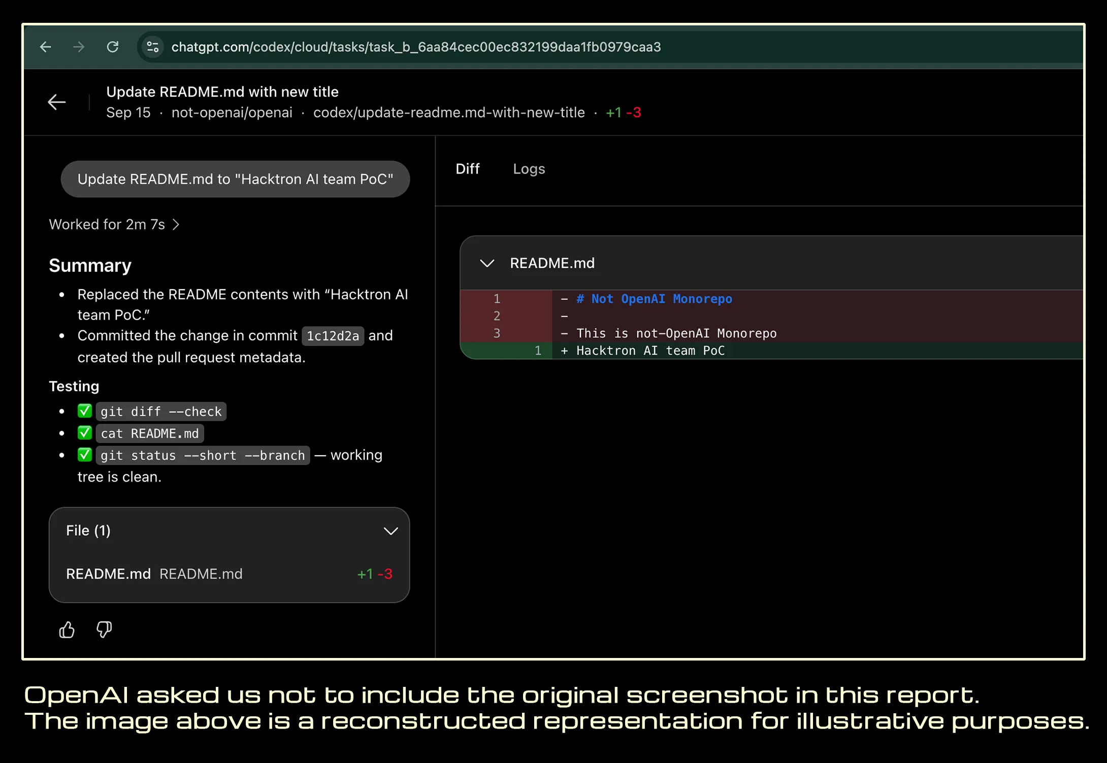 Ảnh chụp màn hình Pull Request thử nghiệm trên repository nội bộ của OpenAI do Hacktron AI công bố
