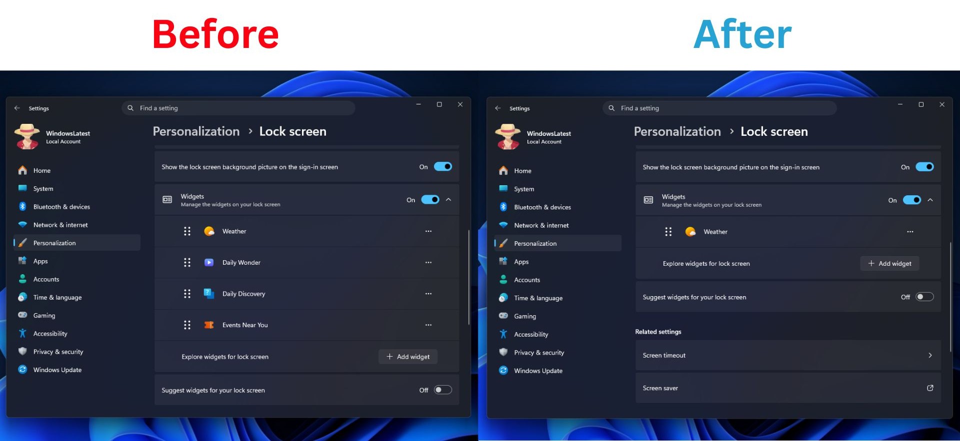 So sánh cài đặt màn hình khóa Windows 11 trước và sau cập nhật