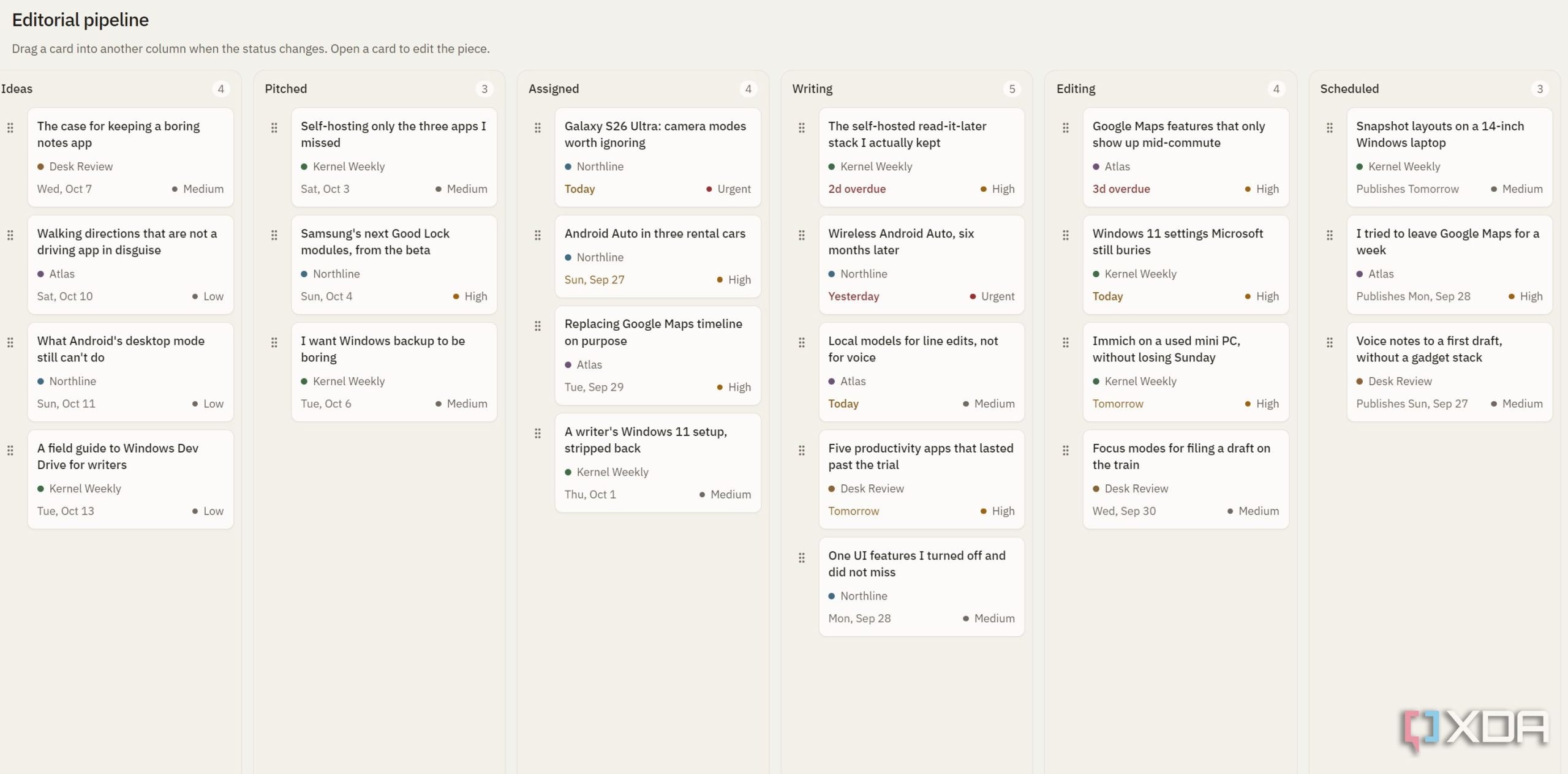 Bảng Kanban do Cursor tạo chia công việc thành các cột ý tưởng, được giao, đang viết và biên tập.