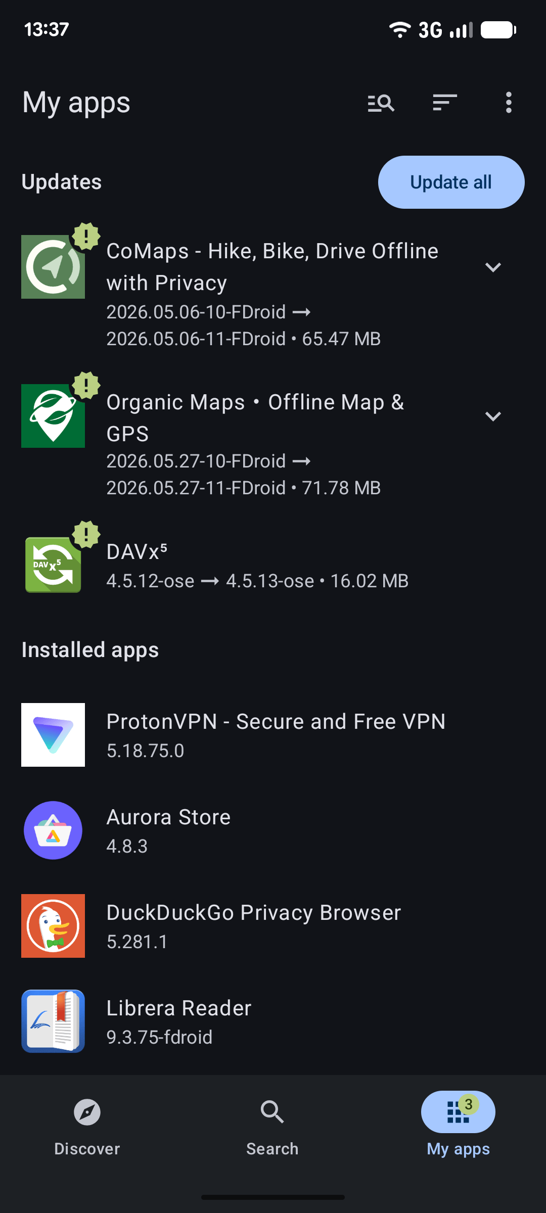 Danh sách cập nhật ứng dụng trong màn hình My Apps của F-Droid 2.0