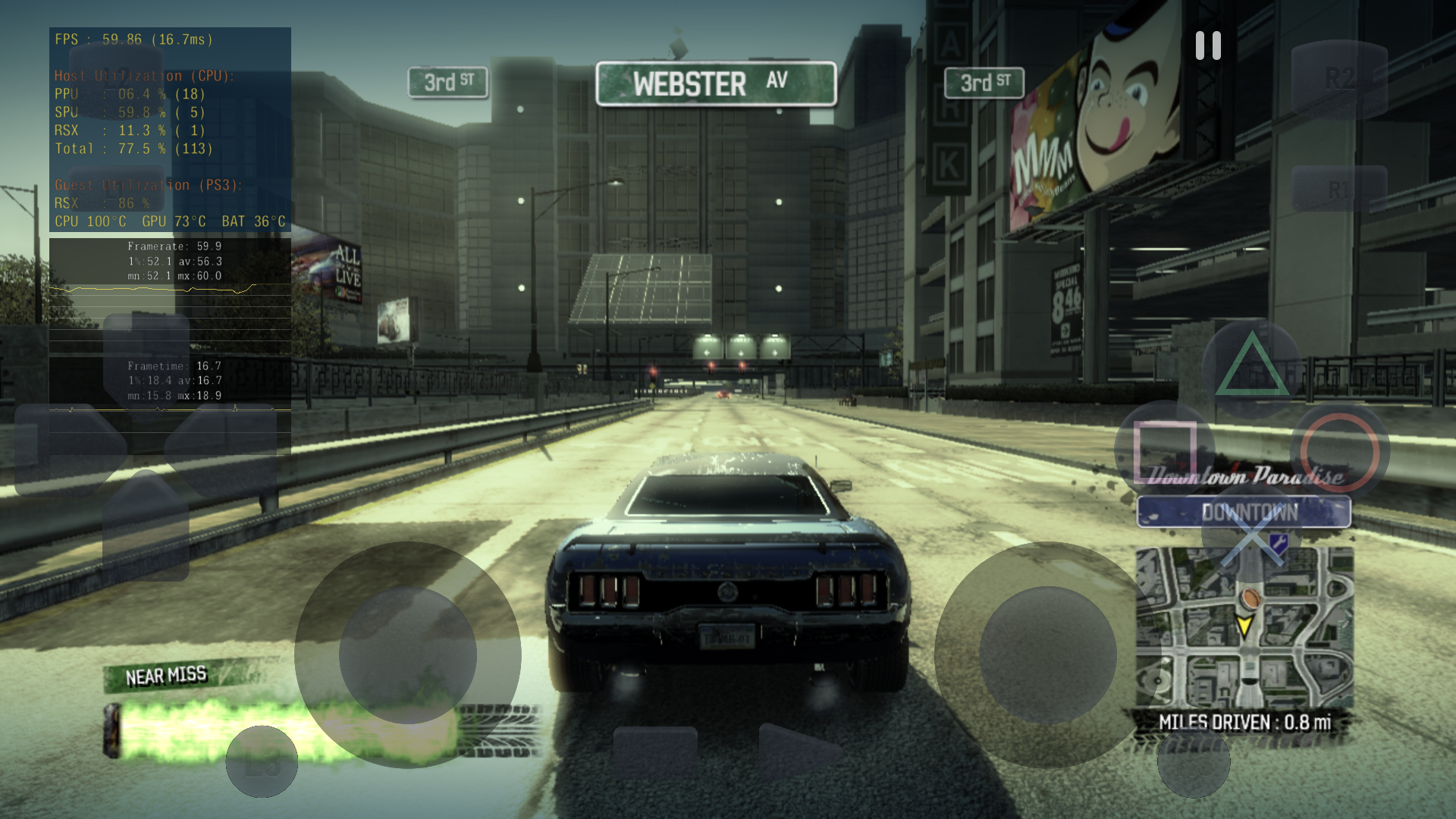 Cảnh lái xe trong Burnout Paradise trên ARMSX3 với điều khiển cảm ứng