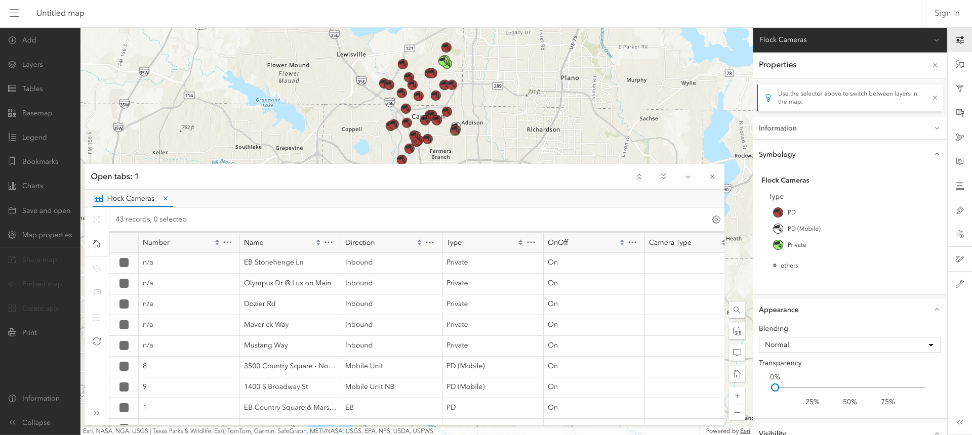 Giao diện bản đồ ArcGIS hiển thị dữ liệu tọa độ camera Flock Safety