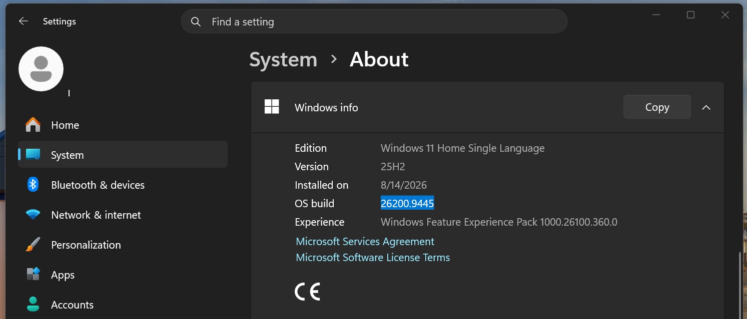 Bản cập nhật Windows 11 Build 26200.9445 trong Settings