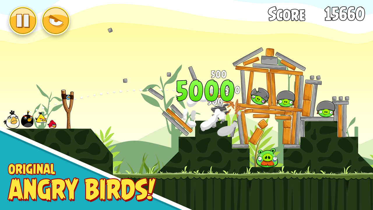 Thao tác kéo súng cao su bắn phá pháo đài heo xanh trong Angry Birds