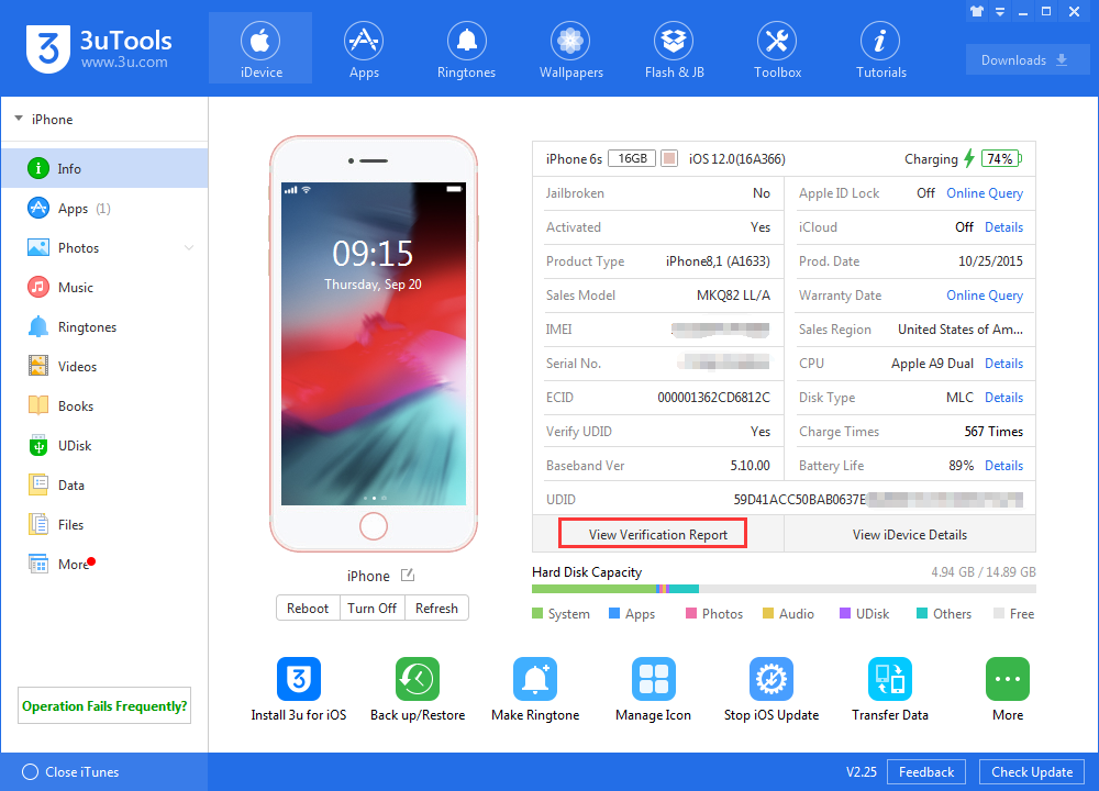 Trang thông tin iPhone trong 3uTools có nút mở Verification Report