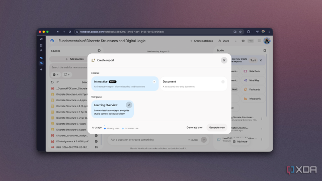 create report dialog with interactive and document format options