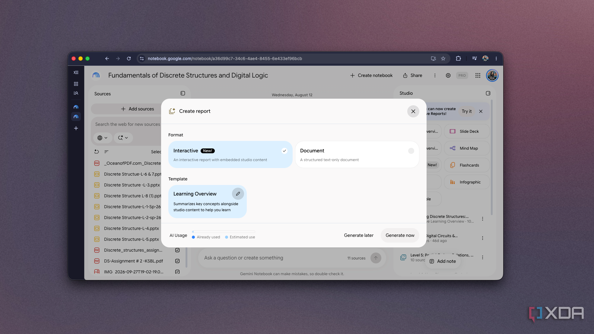 Hộp Create report hiển thị chế độ Interactive và Document