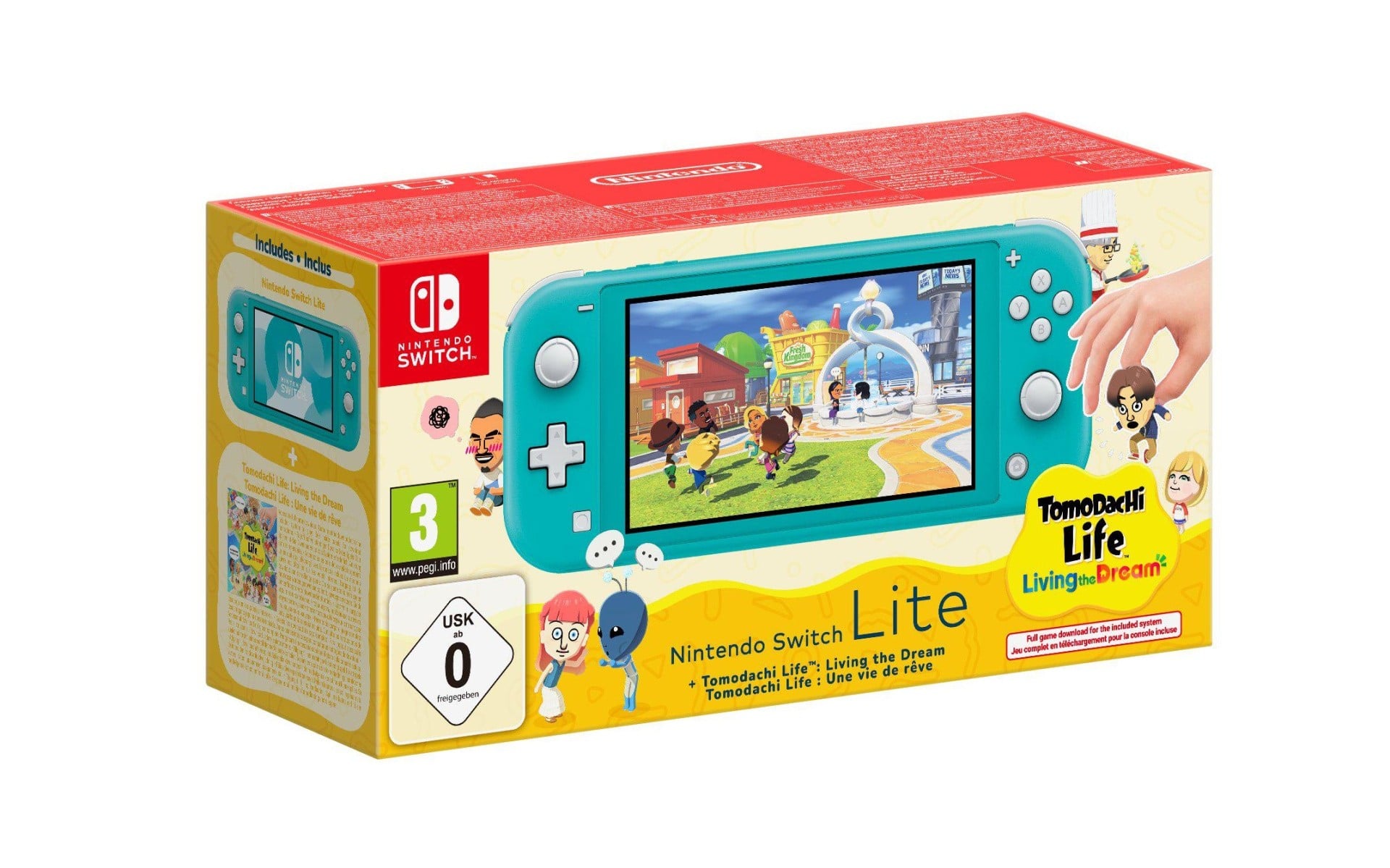 Vỏ hộp bundle Nintendo Switch Lite Tomodachi Life tại châu Âu