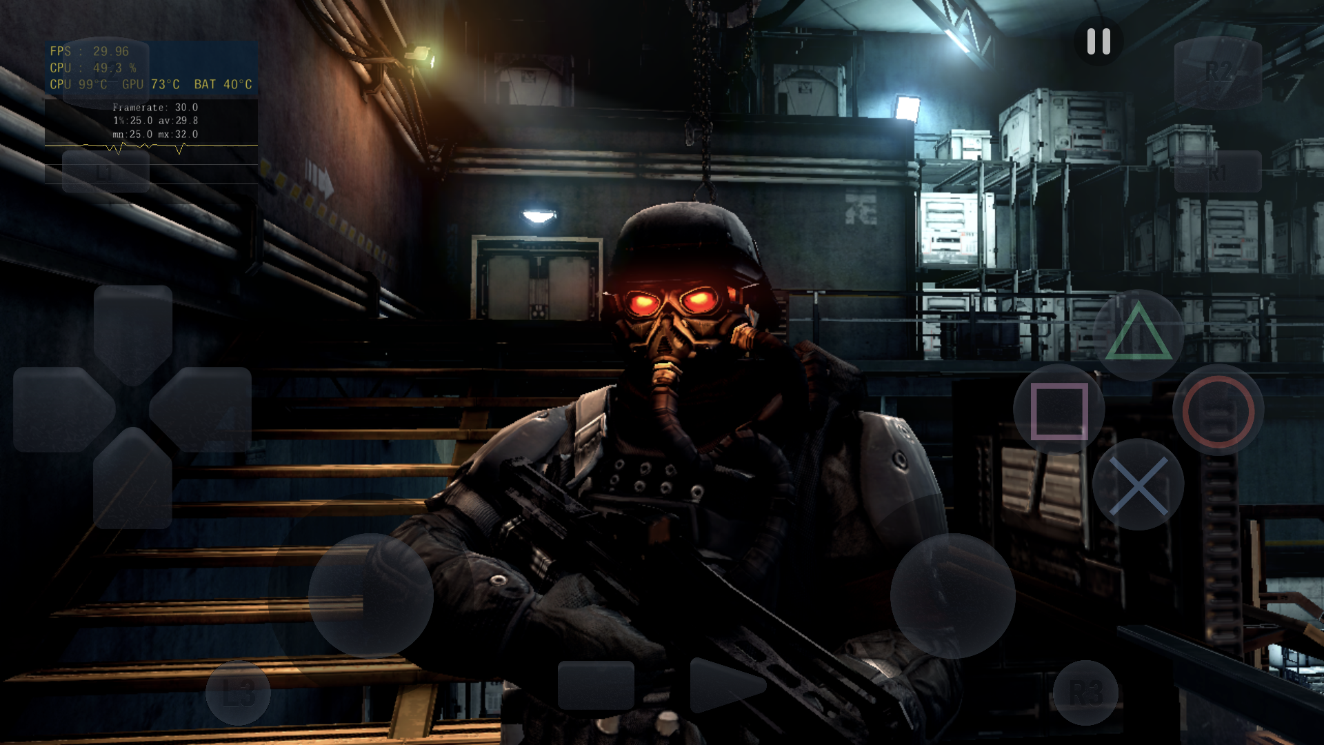 Cảnh trong Killzone 3 với giao diện nút cảm ứng của ARMSX3