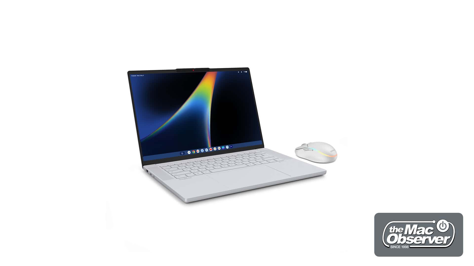 Chuột phụ kiện Lenovo AI Mouse đặt cạnh laptop Googlebook 15