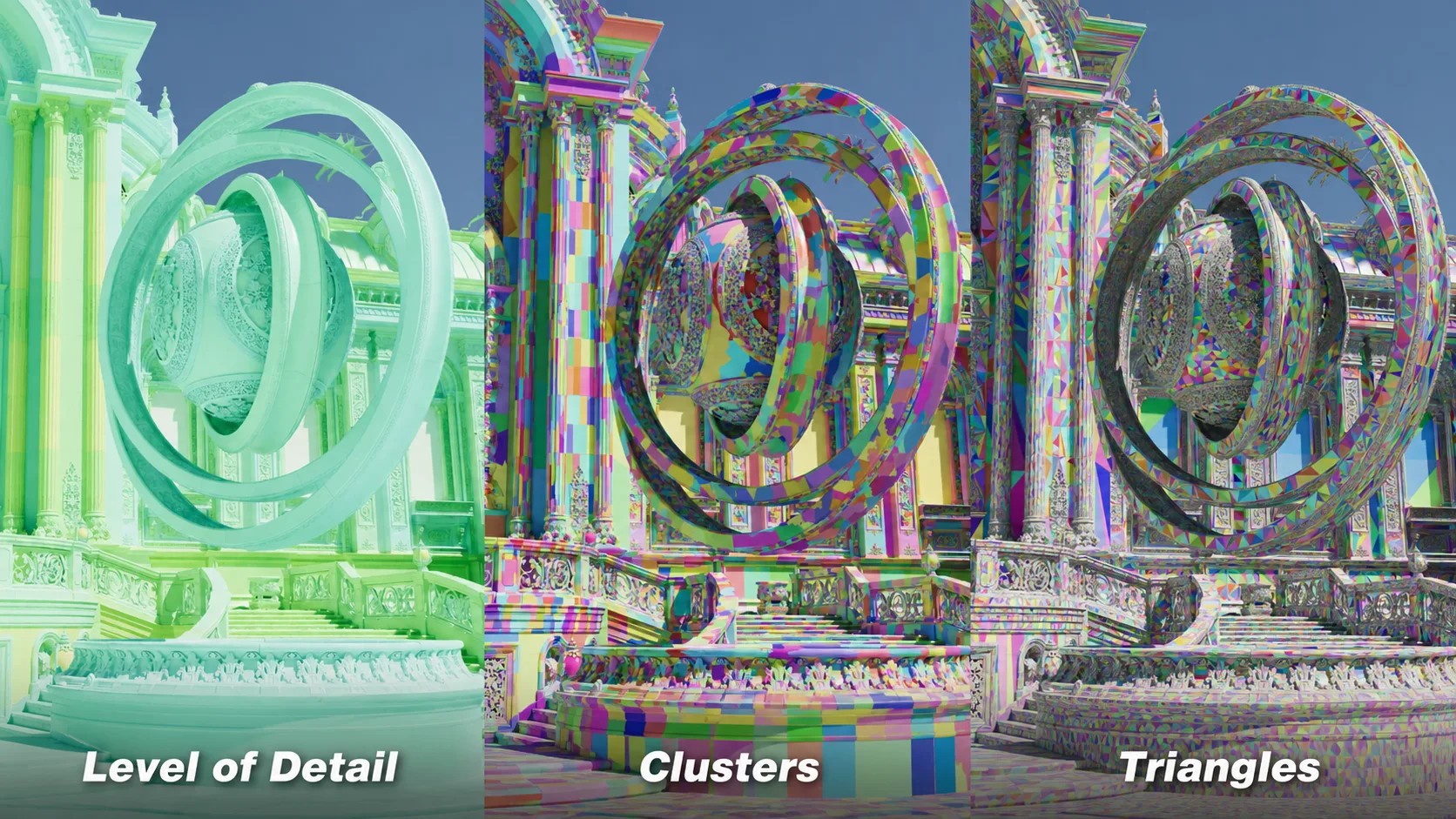 Ba chế độ hiển thị Level of Detail, Clusters và Triangles trong RTX Mega Geometry