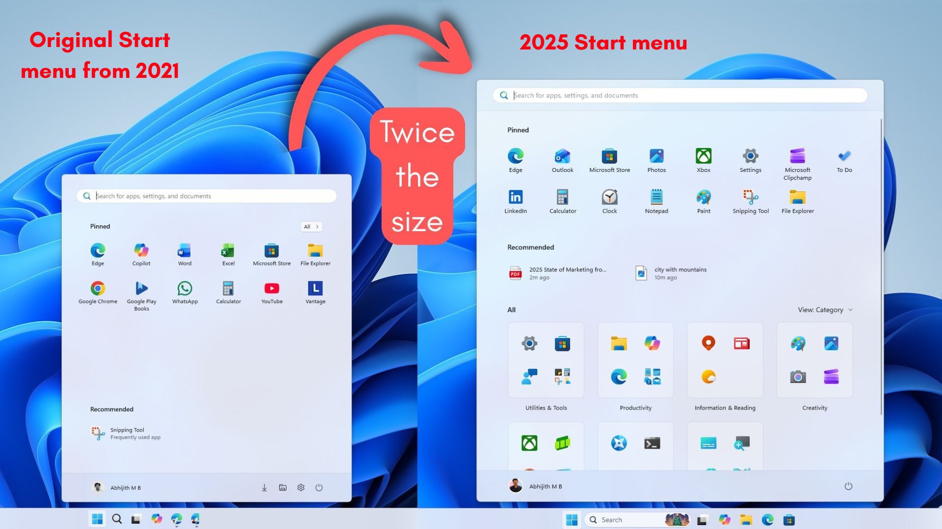 Giao diện Start menu mở rộng trên Windows 11