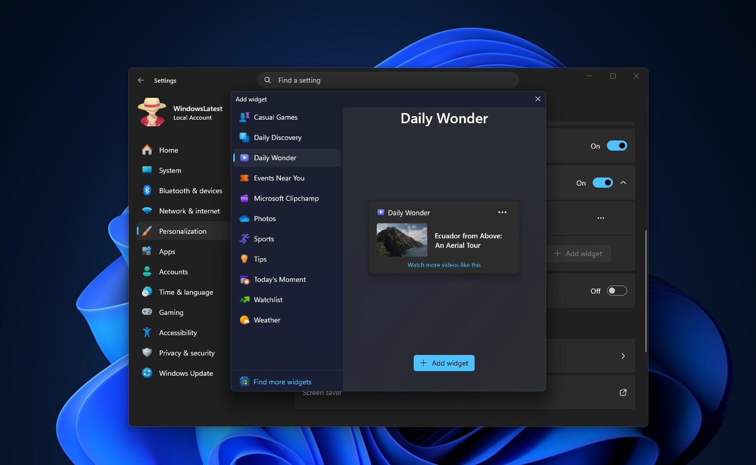Tùy biến widget màn hình khóa trong Settings Windows 11
