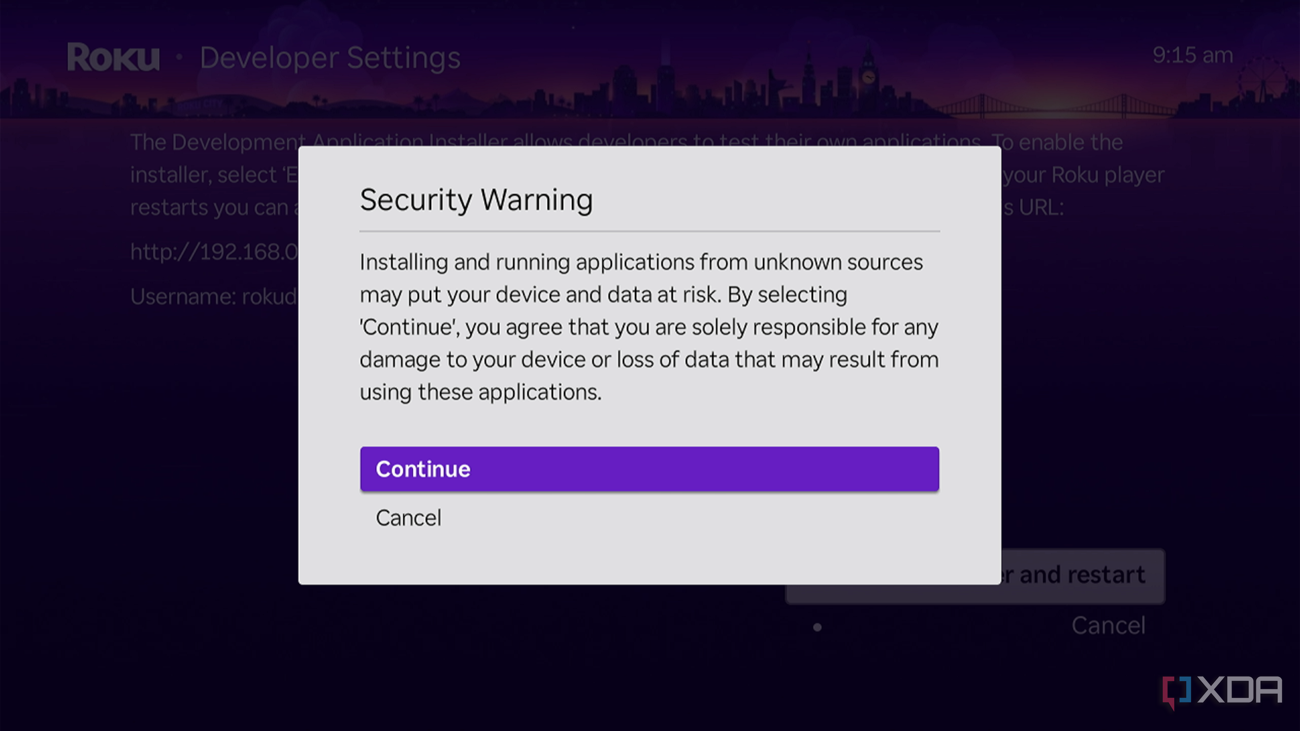 Màn hình cảnh báo và kích hoạt Developer Settings trên Roku