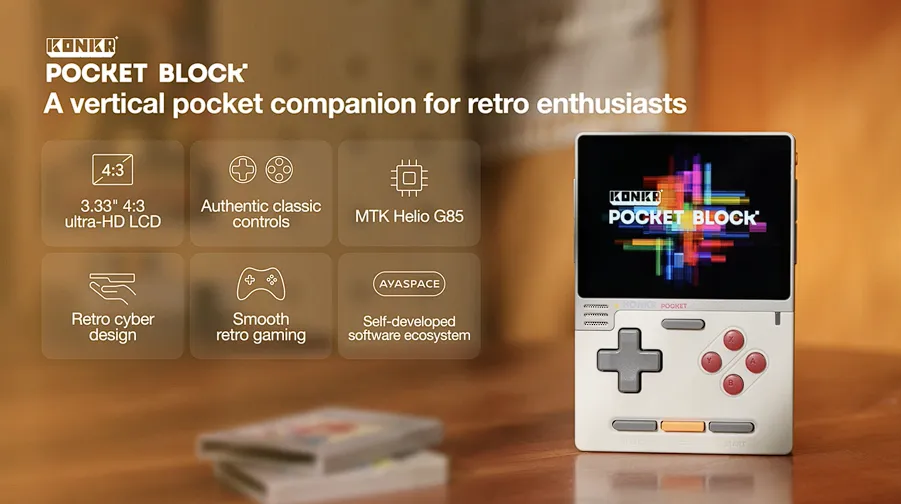 Các tính năng chính của KONKR Pocket BLOCK đặt cạnh băng game retro