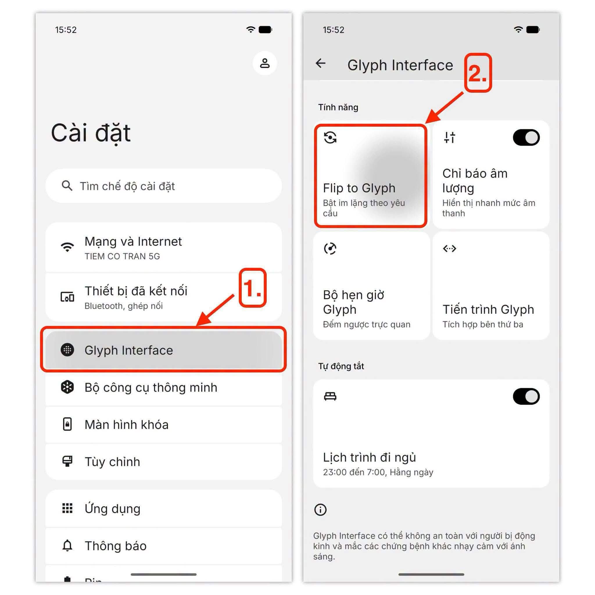 Mục cài đặt Glyph Interface và Flip to Glyph trên Nothing OS
