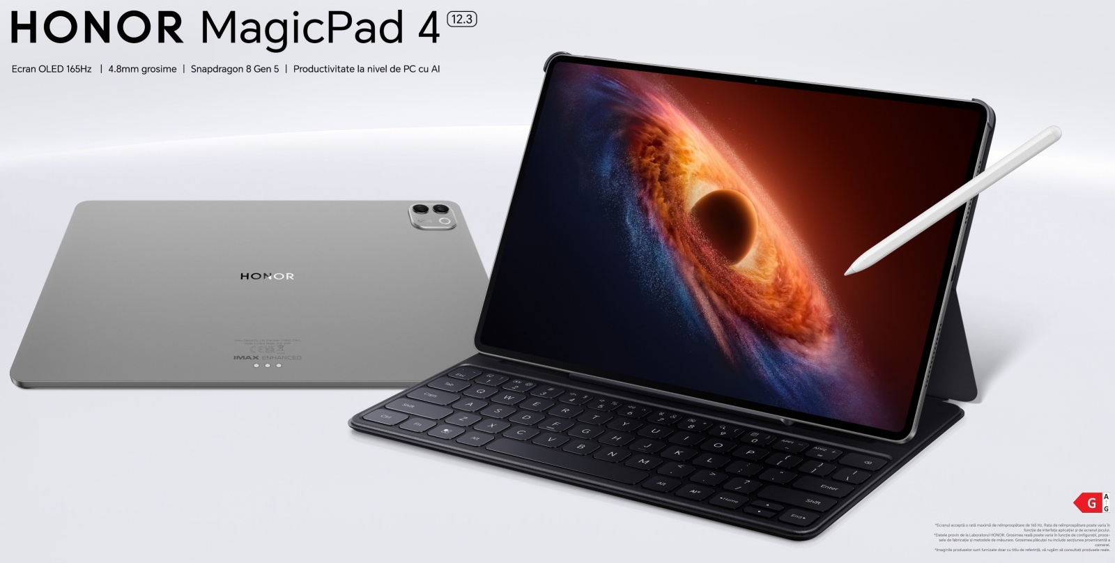 Ảnh quảng bá HONOR MagicPad 4 quốc tế 12,3 inch OLED cùng bàn phím và bút