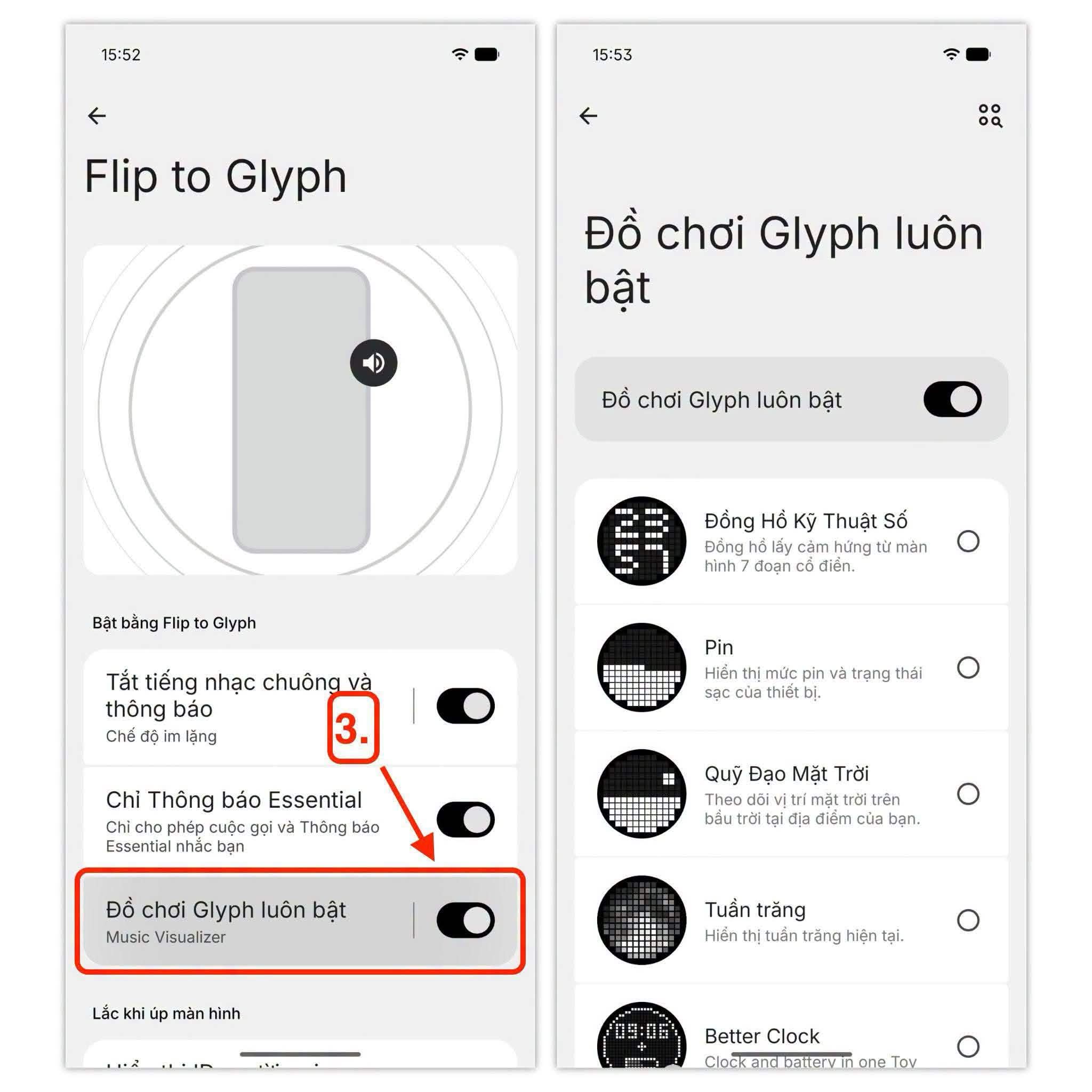 Menu Đồ chơi Glyph luôn bật với danh sách widget