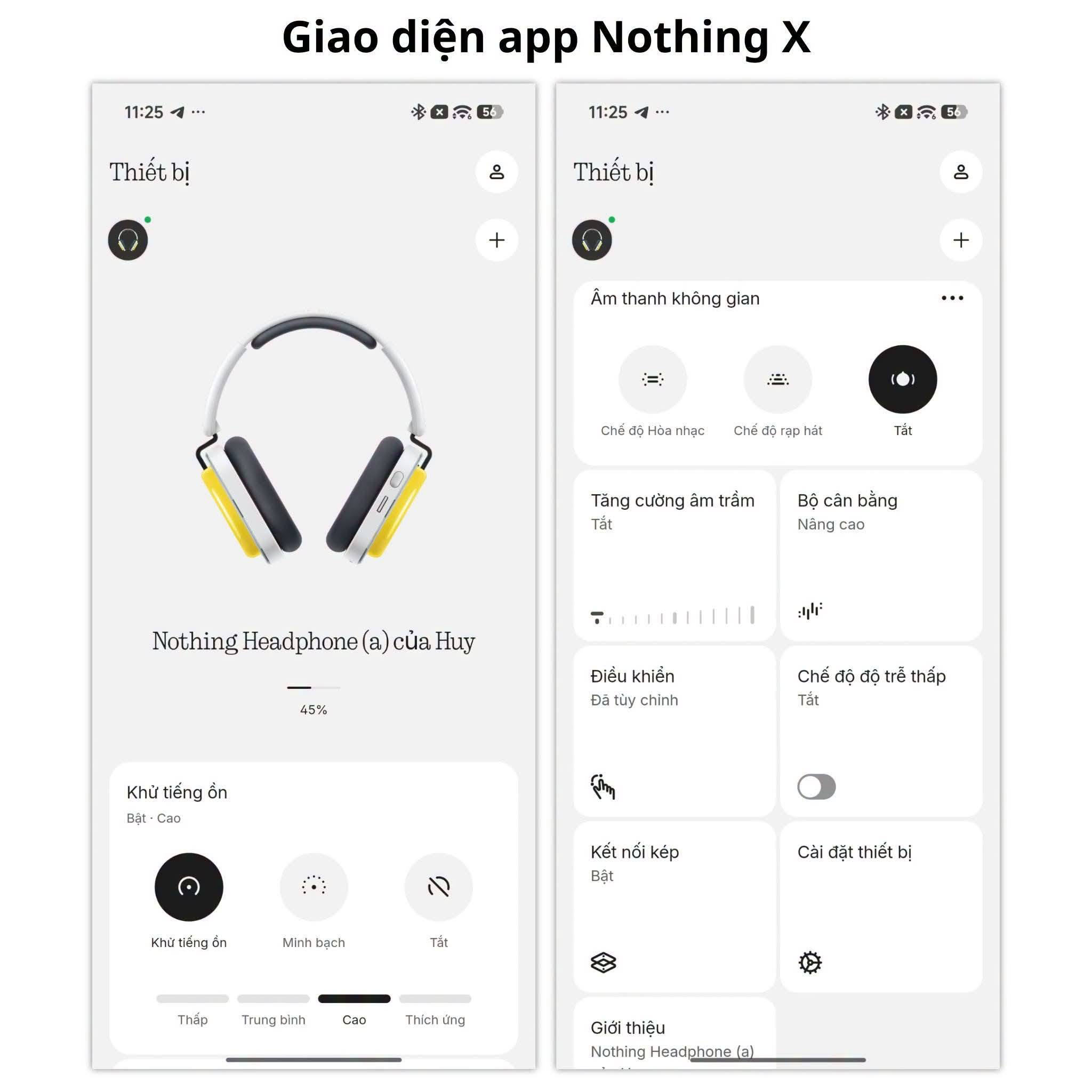 Giao diện cài đặt ANC trong ứng dụng Nothing X.