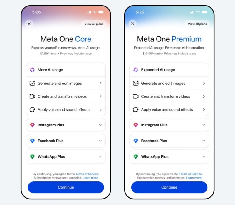 Tùy chọn đăng ký gói Meta One Core và Premium trên di động