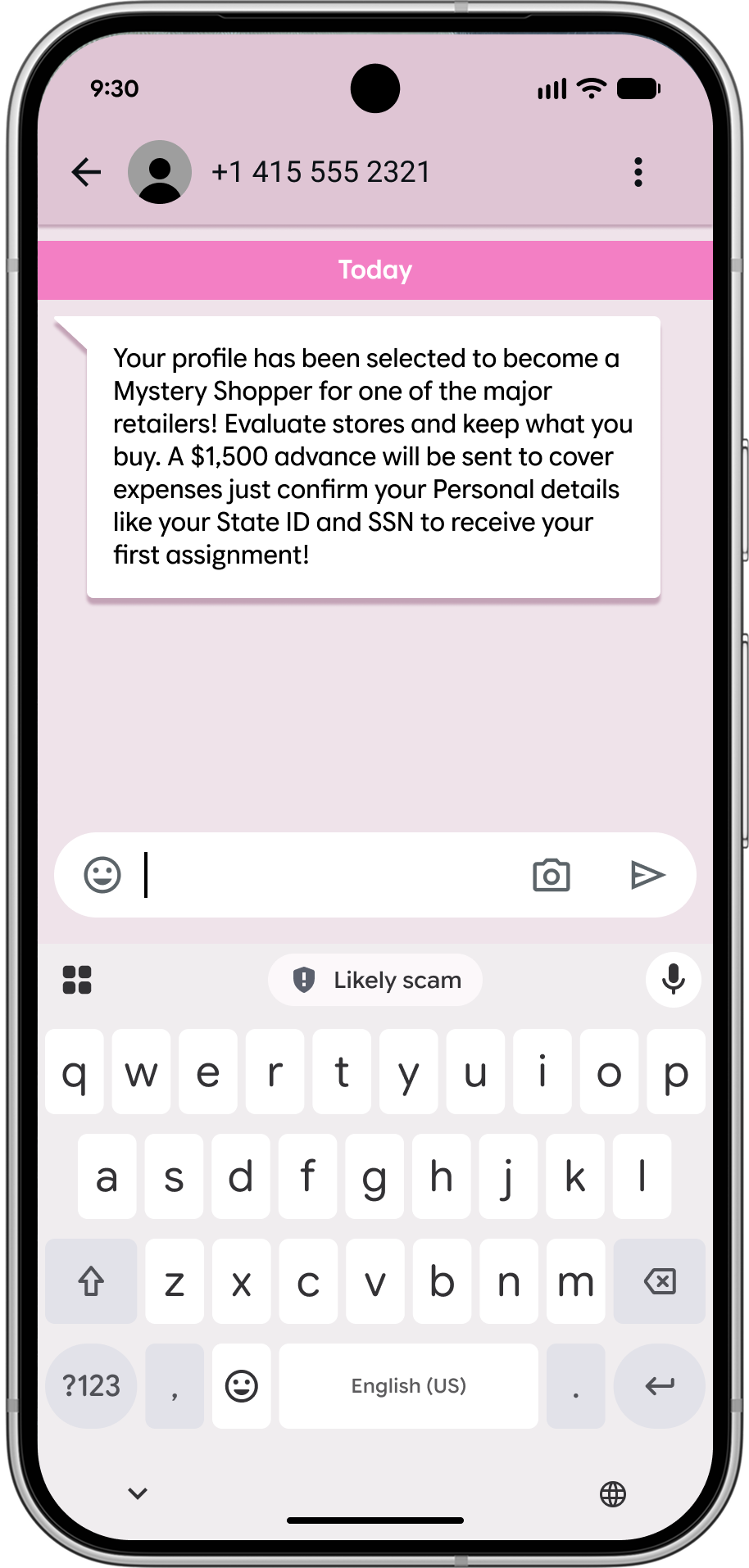 Giao diện bàn phím Gboard với chip cảnh báo Likely scam trên điện thoại Pixel