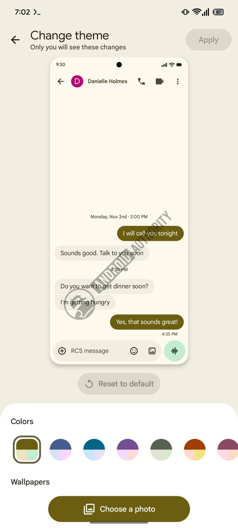 Menu tùy chọn Chat themes