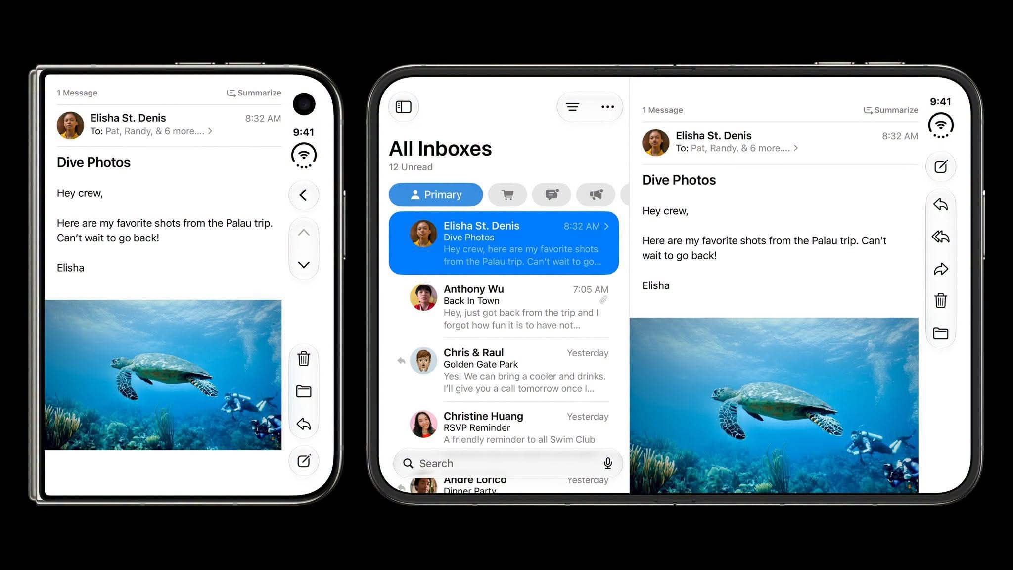 Giao diện ứng dụng Mail khi mở rộng toàn màn hình và chia hai cột trên iPhone Duo