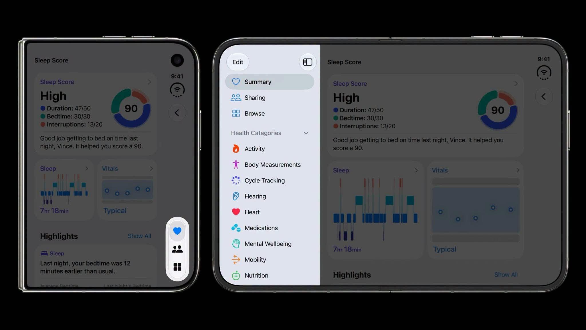 Ứng dụng Health giao diện Dark Mode tự động tách hai cột danh mục và chi tiết