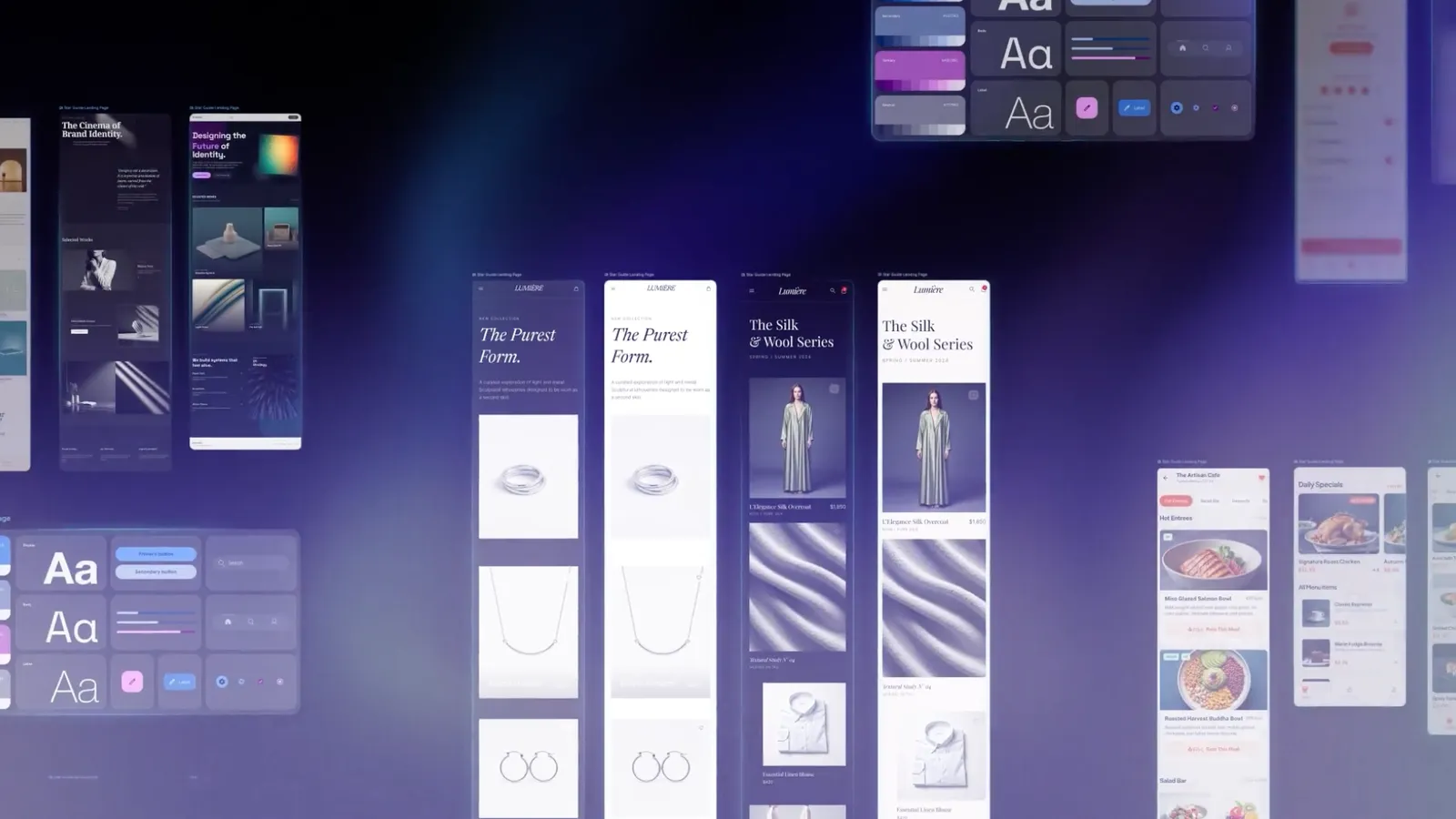 Không gian làm việc vô hạn trên Stitch hiển thị nhiều màn hình giao diện ứng dụng