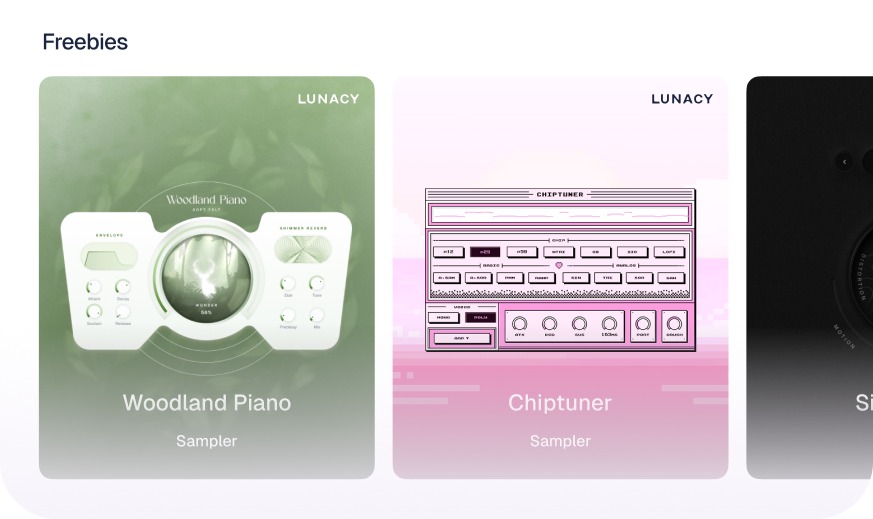 Giao diện các nhạc cụ miễn phí như Woodland Piano và Chiptuner trong Nova