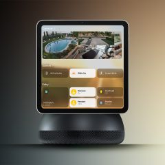 Bản dựng màn hình điều khiển thông minh Apple HomePad với chân đế tròn kim loại và màn hình nghiêng