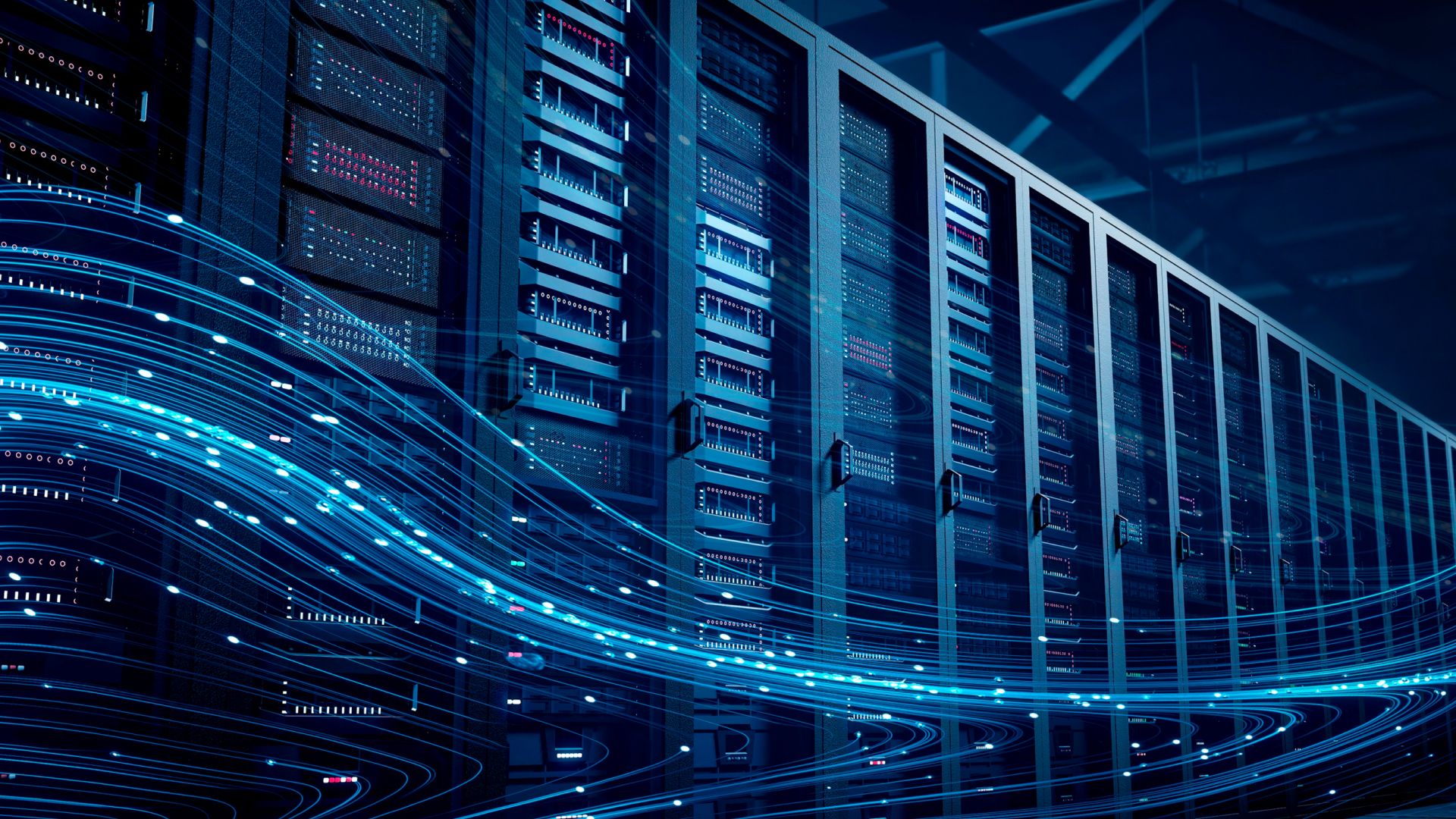 Các dãy tủ rack máy chủ trung tâm dữ liệu quy mô lớn